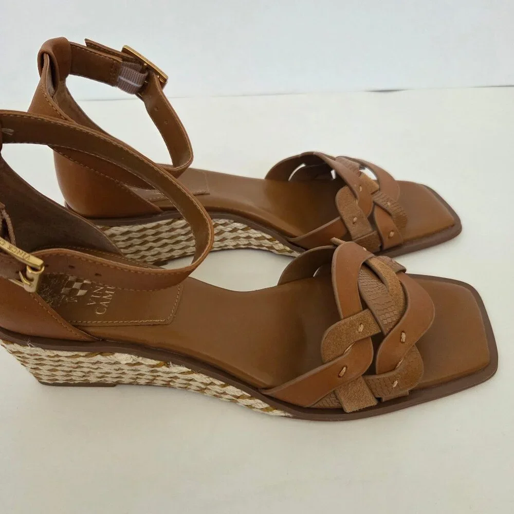 Vince Camuto Womens Baylees Sandals Sz 9 Leather Wedge Espadrille Aged Rum Brown